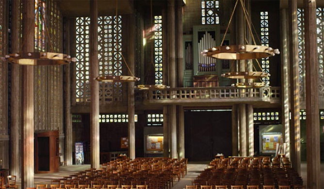 The interior of the church with stainglasses